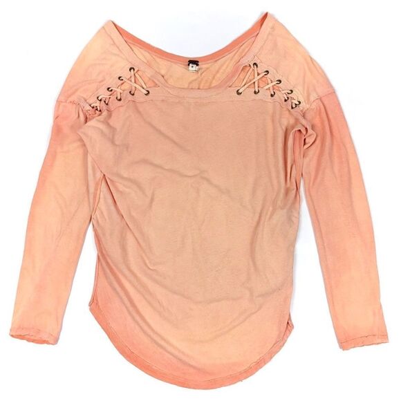 FREE PEOPLE Linen First Love Lace Up Long Sleeve Tunic Tee Peach Burnout Medium - Picture 1 of 8